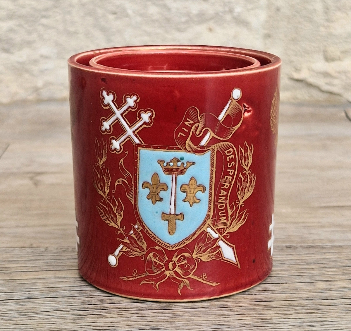 Rare Antique French Lunéville Ceramic Nesting Beakers, Keller & Guérin, Lorraine Heraldry, Nil Desperandum, c.1890 Set