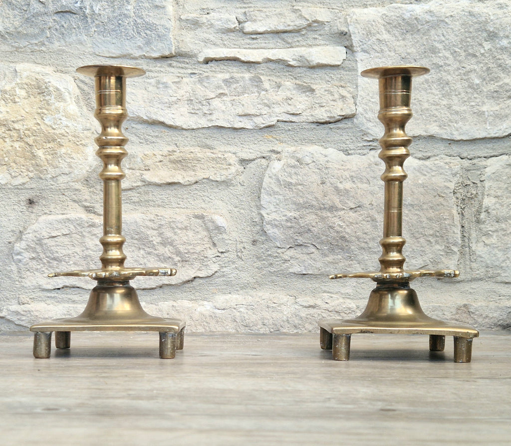 18th Century Solid Turned Brass Russian Sabbat Candle Holder Sticks Very Rare