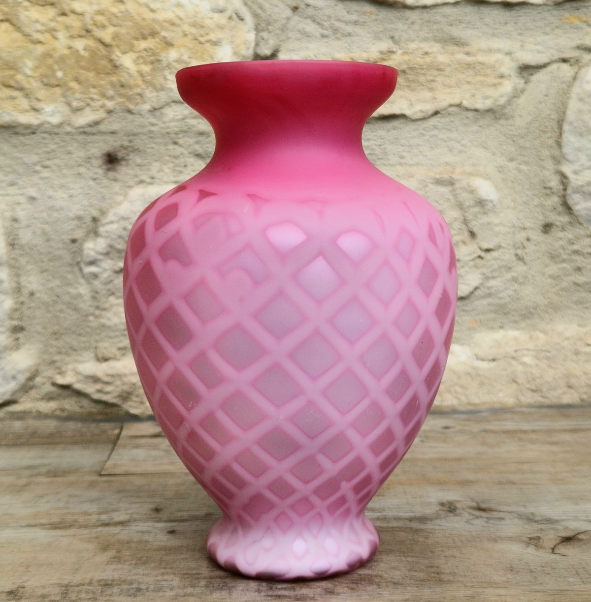 Antique Pink Satin Glass Vase - Victorian Diamond Quilted Mother of Pearl Art Glass - 19th Century Shaded Cranberry Cabinet Vase, Webb Style