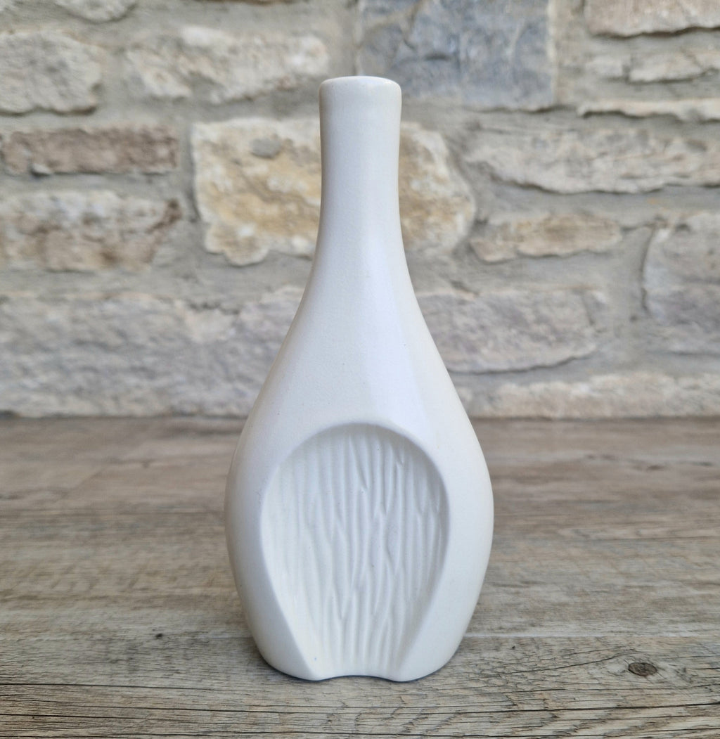 Fulham Pottery White Vase Satin Glaze Textured Cut Away Design Stem Vase Vintage