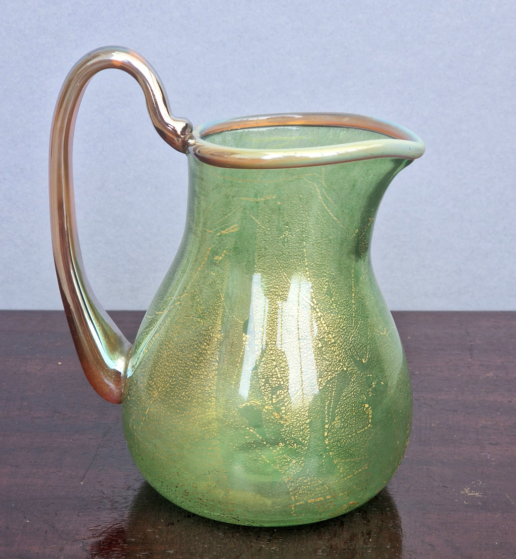 Antique Probable Salviati Dott. Murano Glass Jug, Green Gold Leaf, Venetian c.1875–1890, Handblown 13.5cm Rare