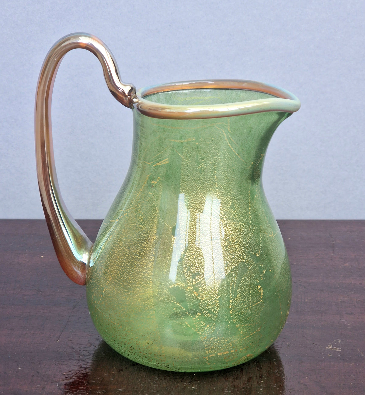 Antique Probable Salviati Dott. Murano Glass Jug, Green Gold Leaf, Venetian c.1875–1890, Handblown 13.5cm Rare