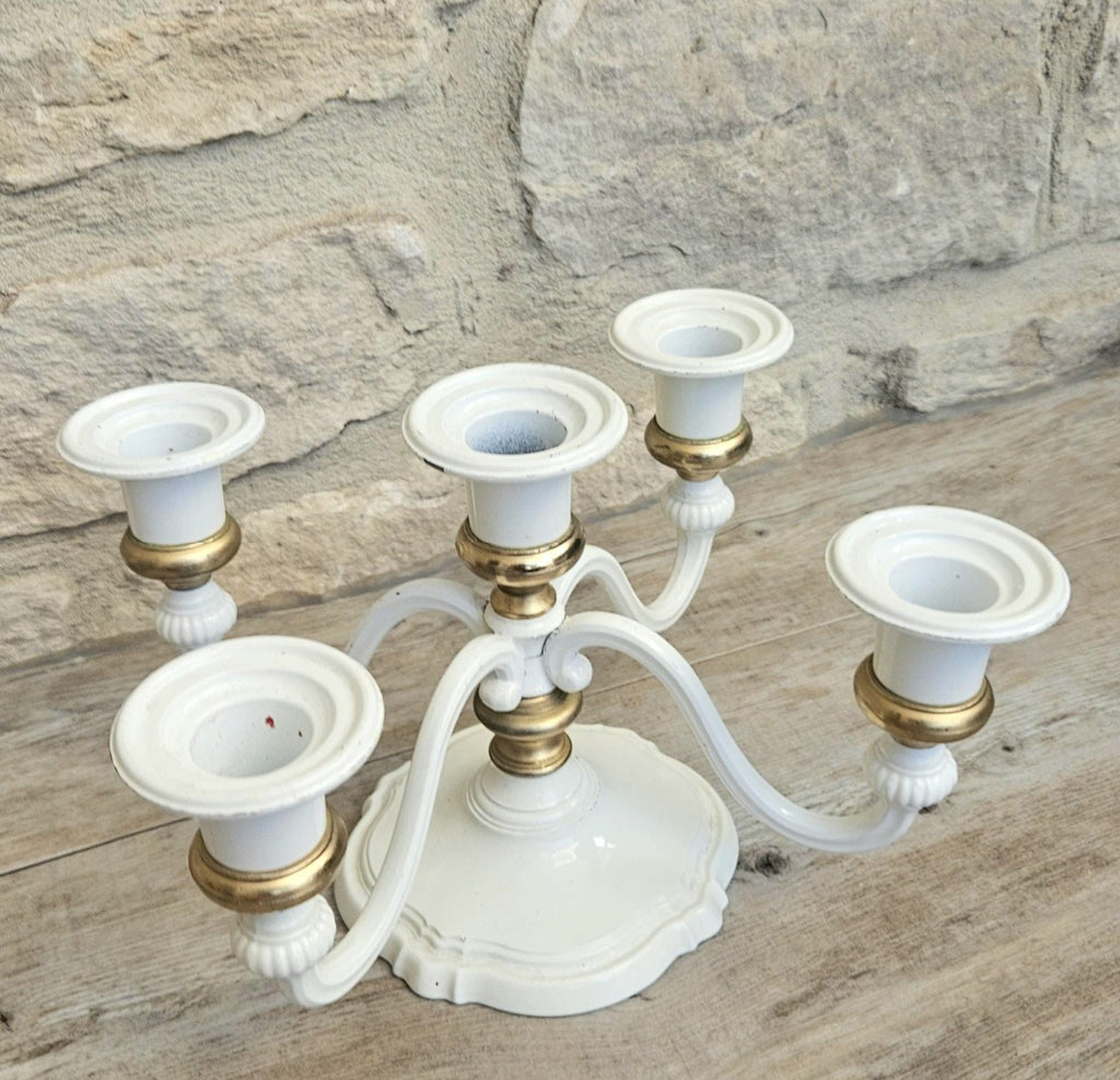 Vintage White Enamel and Gold Five Candle Candelabra Four Arm Elegant Metal Centerpiece