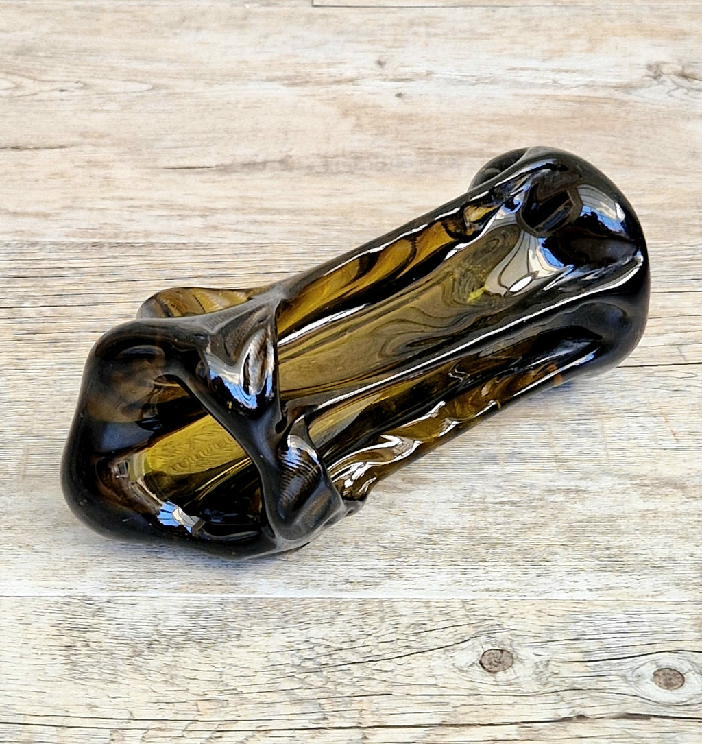 Vintage 1970s Polish Wołomin Hand Blown Smoked Amber Art Glass Pulled Freeform Ribbed Vase Rare Piece