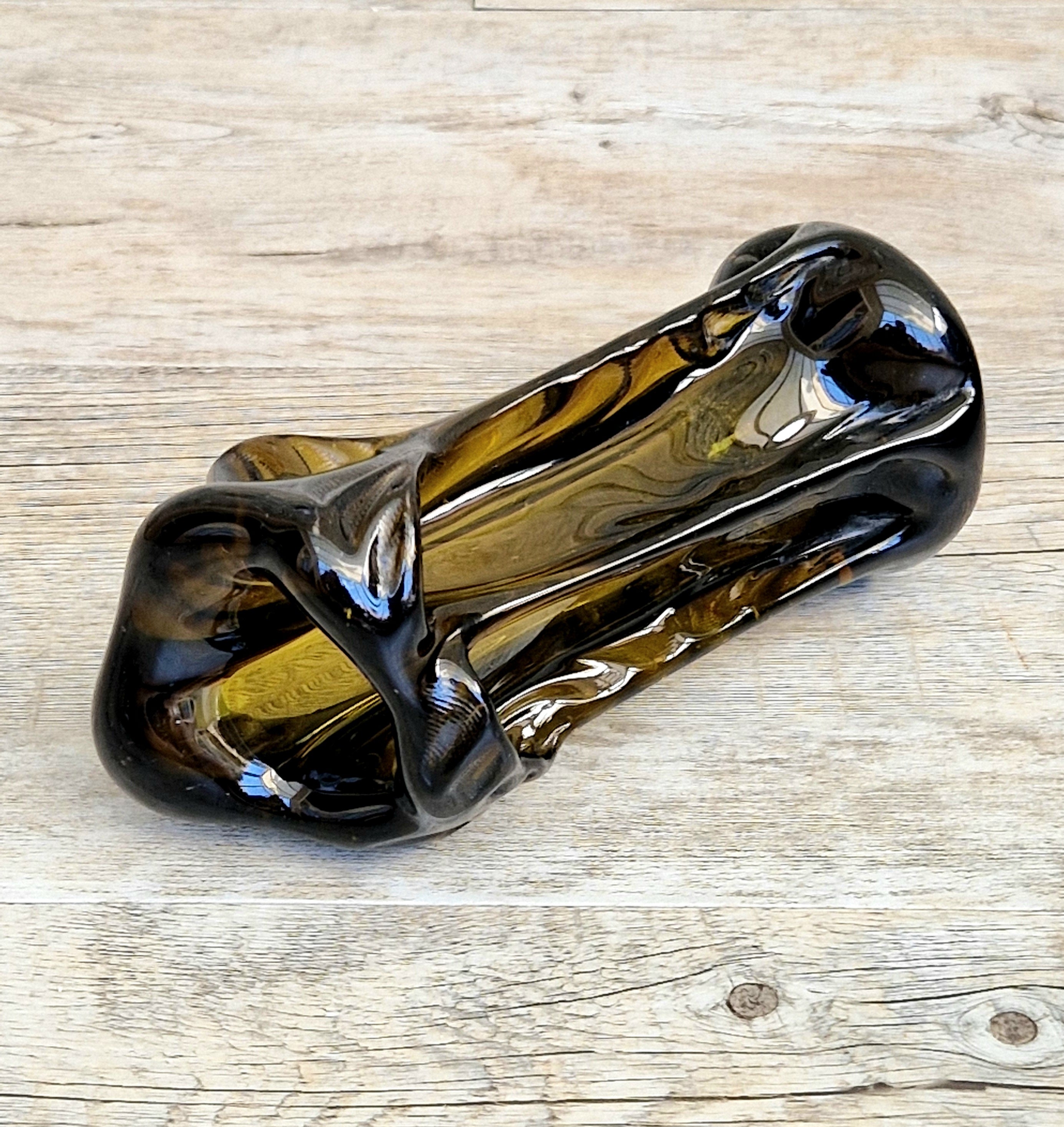 Vintage 1970s Polish Wołomin Hand Blown Smoked Amber Art Glass Pulled Freeform Ribbed Vase Rare Piece