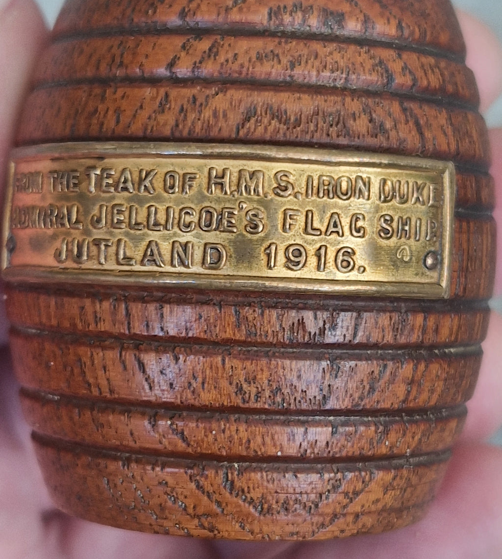 HMS Iron Duke Teak Barrel WWI Battle of Jutland Maritime Relic Admiral Jellicoe Flagship Souvenir Treen Match Holder Vesta