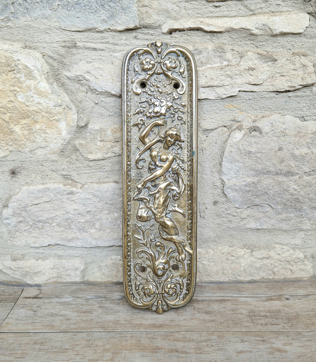 Cast Brass Art Nouveau Figural Relief Large Door Push Finger Plate Antique