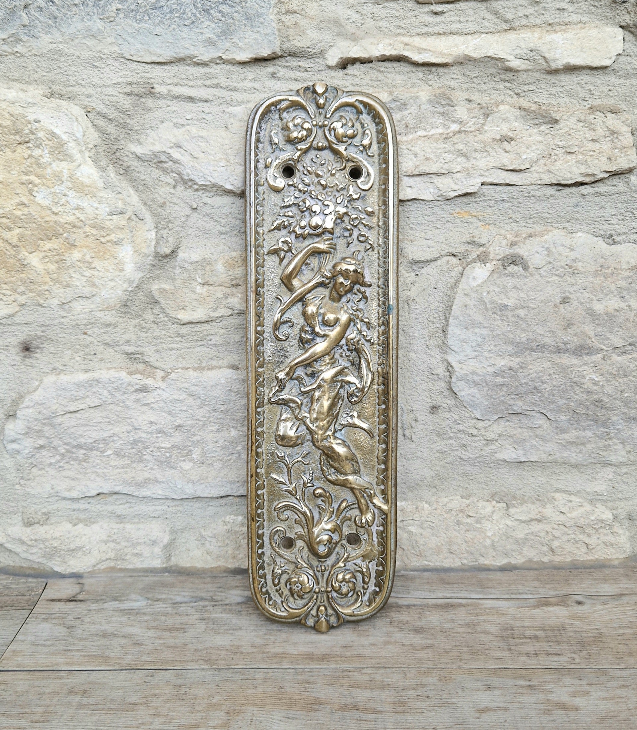 Cast Brass Art Nouveau Figural Relief Large Door Push Finger Plate Antique