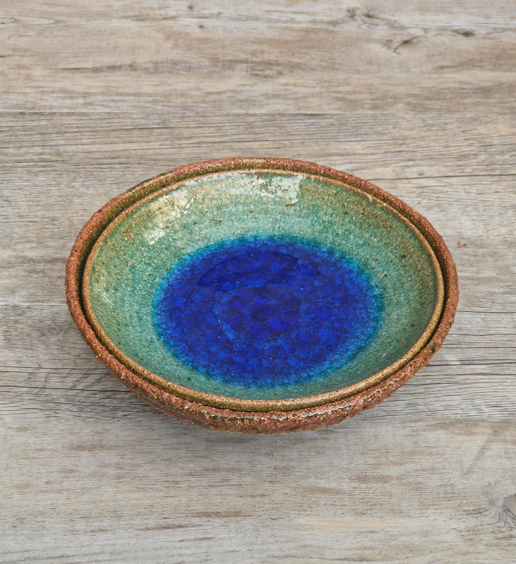 Vintage Studio Art Pottery Alan Hemmings Nested Blue Crackle Glaze Ceramic Bowls