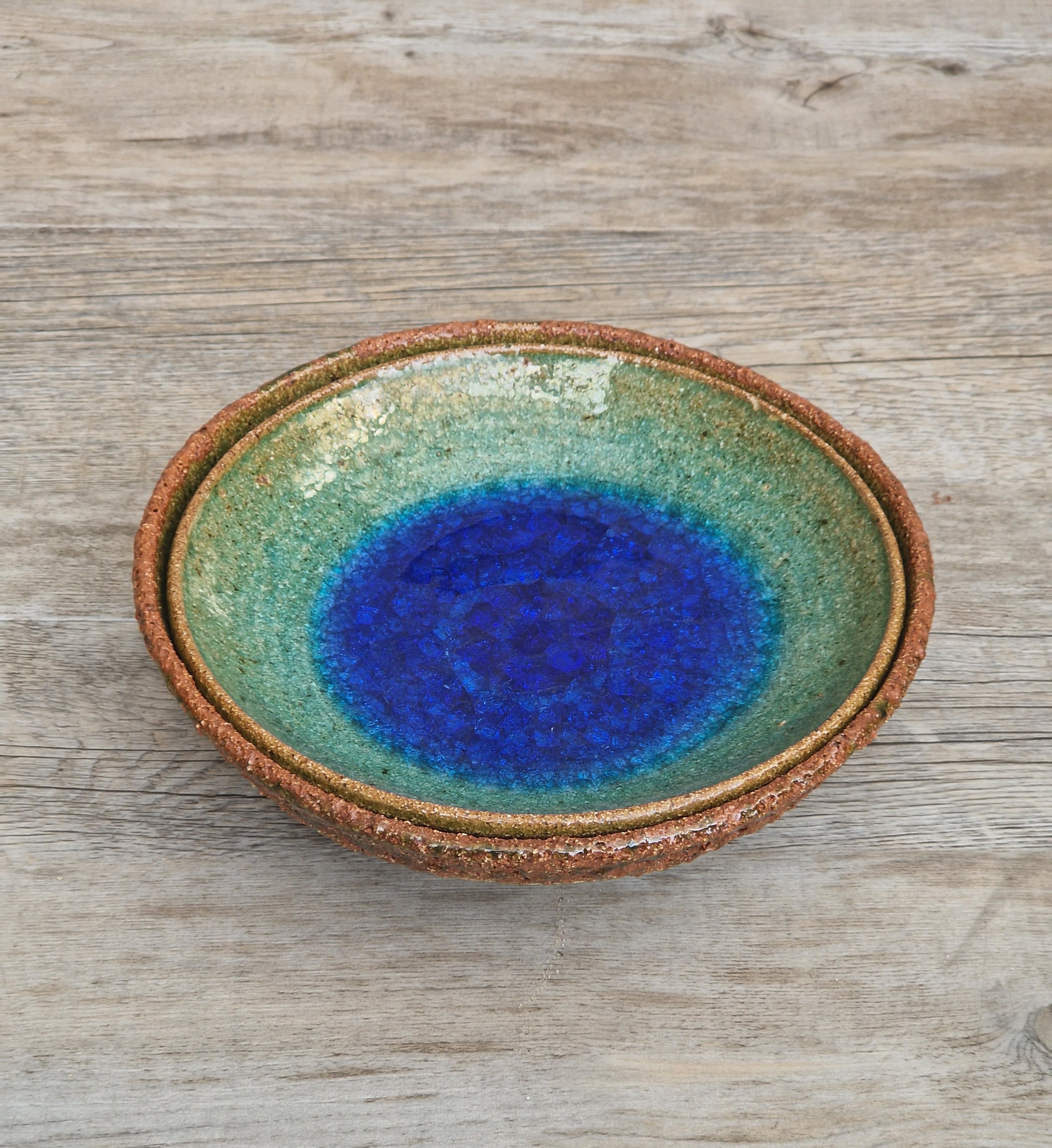 Vintage Studio Art Pottery Alan Hemmings Nested Blue Crackle Glaze Ceramic Bowls