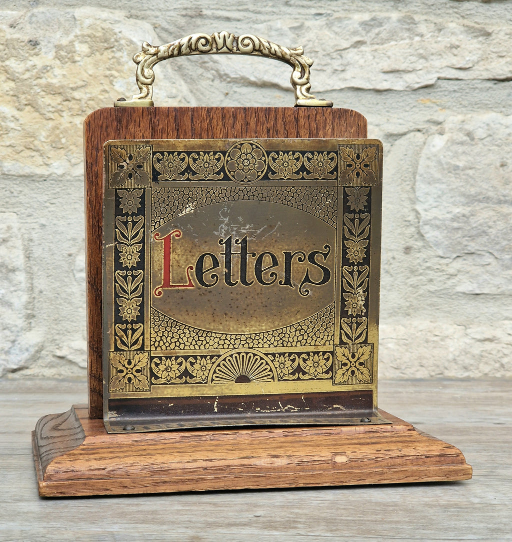 Antique Arts & Crafts Brass And Quarter Sawn Oak Gentleman's Handled Double Letter Rack Stand