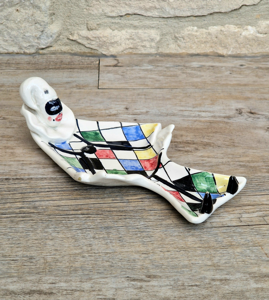 Vintage 1950s Italian Ceramic Harlequin Trinket Dish For.Reg.an Milvia Scarpa Style Catchall Plate Commedia dell Arte Pottery