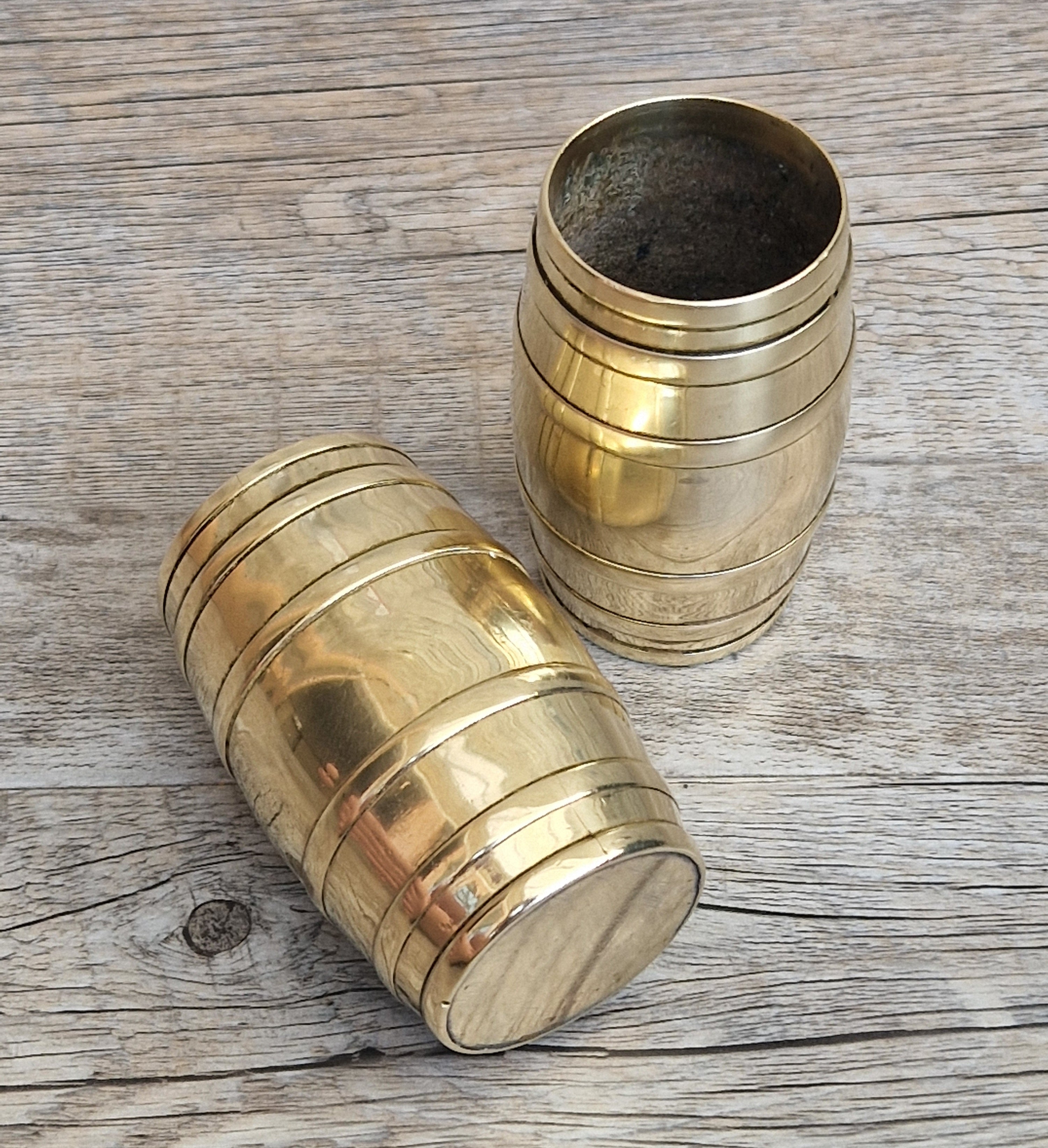 Pair of Vintage Brass Bound Barrel Table Match Holders Desk Pen Holders