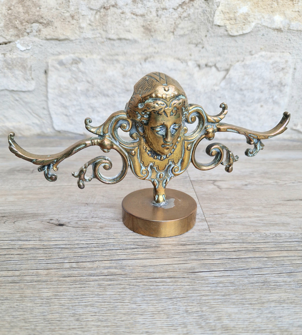 Brass Neo Classical Female Figural Pediment Mounted On Heavy Antique Paperweight