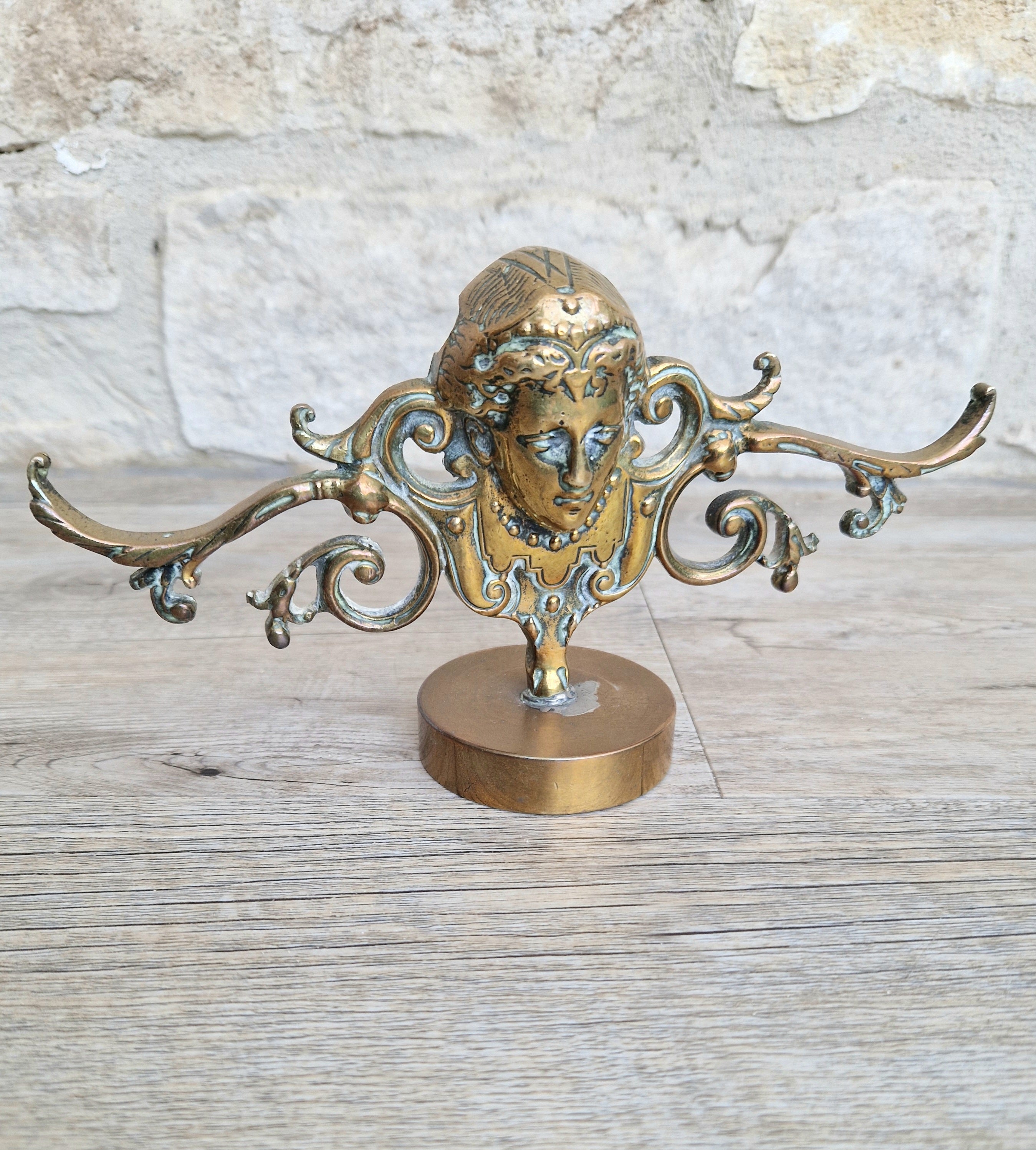 Brass Neo Classical Female Figural Pediment Mounted On Heavy Antique Paperweight
