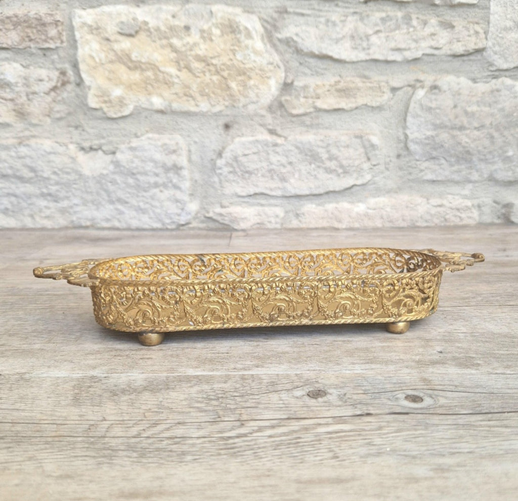 Antique Brass Filligree Rococo Style Desk Pen Tray Holder
