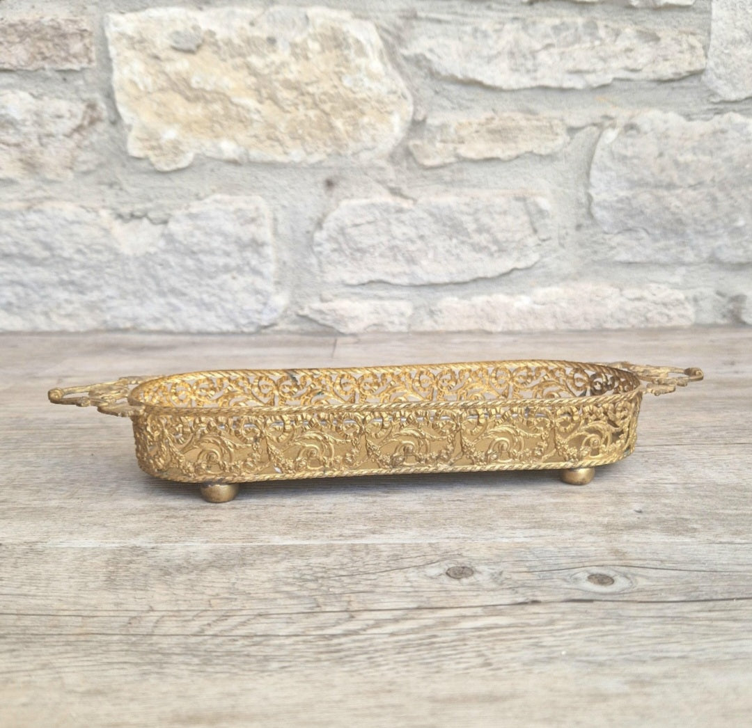 Antique Brass Filligree Rococo Style Desk Pen Tray Holder