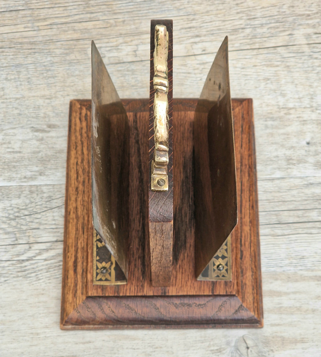 Antique Arts & Crafts Brass And Quarter Sawn Oak Gentleman's Handled Double Letter Rack Stand