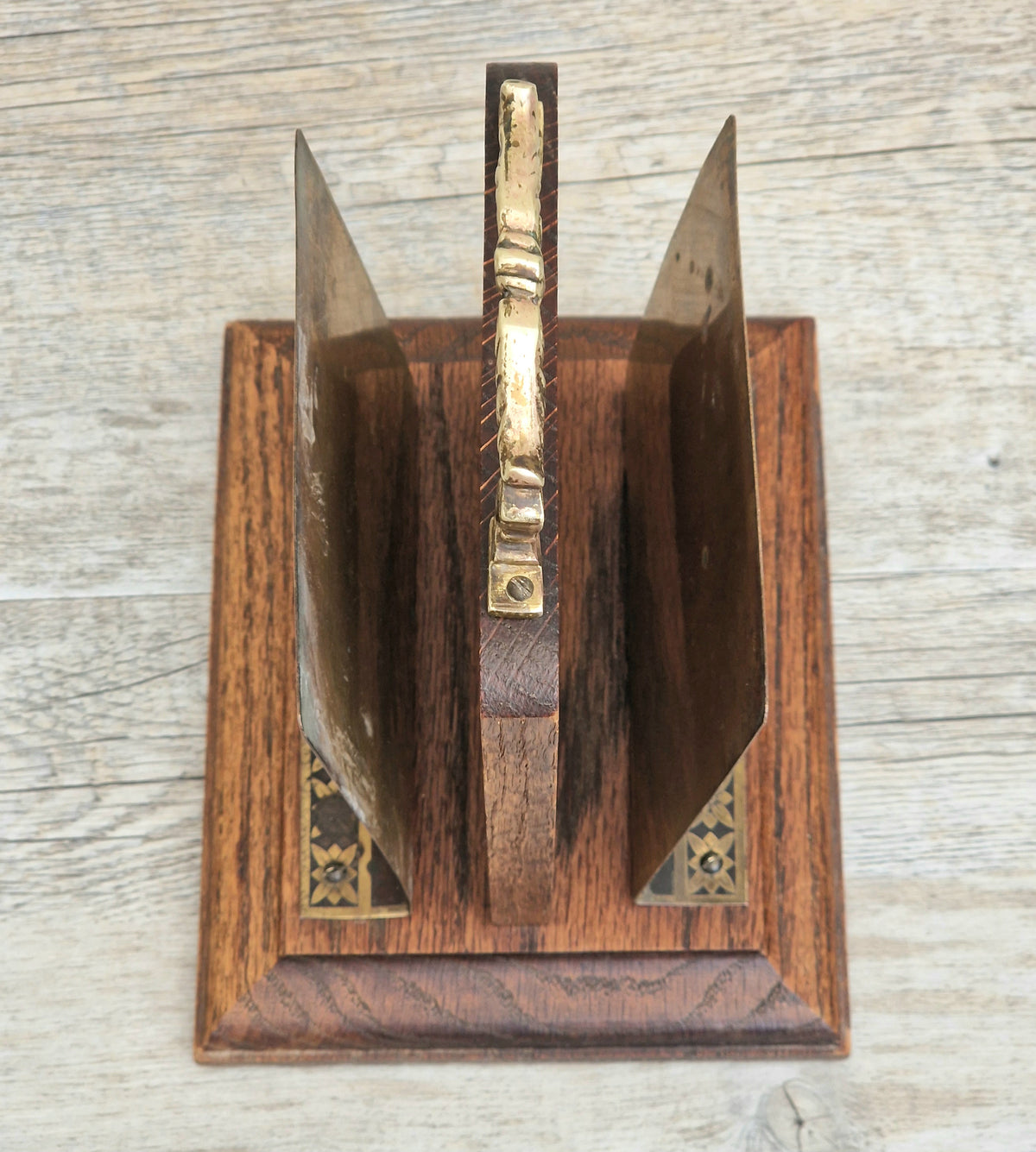 Antique Arts & Crafts Brass And Quarter Sawn Oak Gentleman's Handled Double Letter Rack Stand
