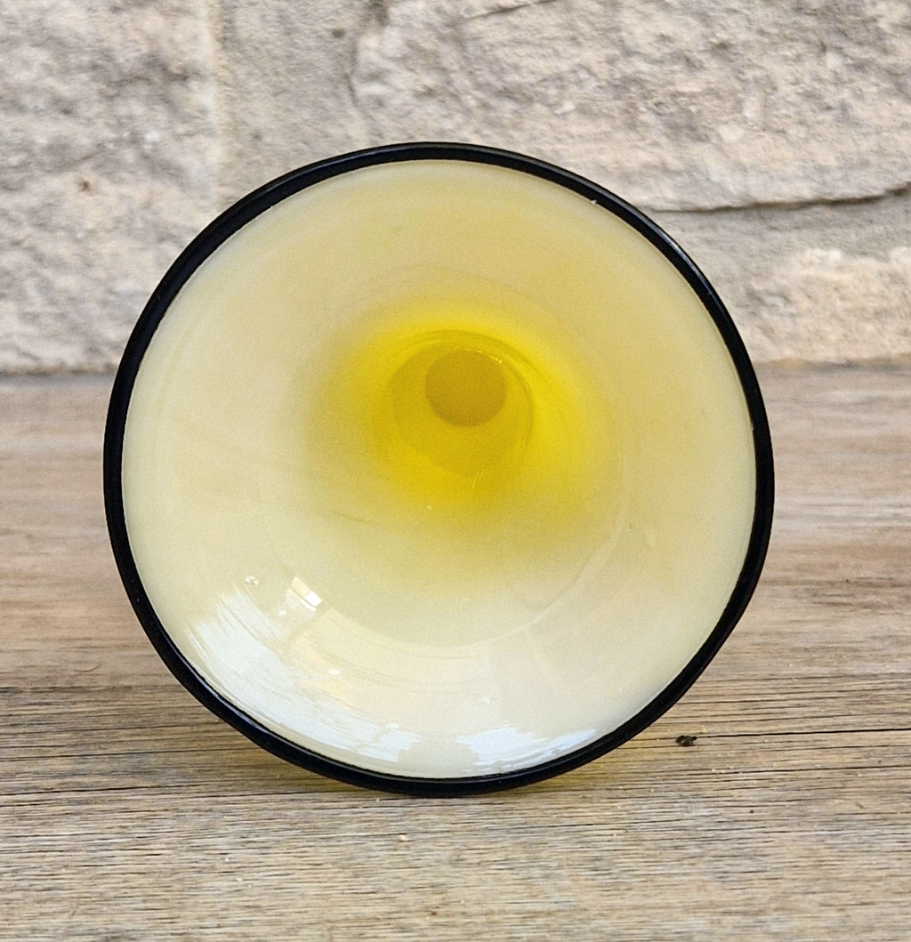 Vintage Bright Yellow Tango Glass Trumpet Vase with Black Rim 16cm
