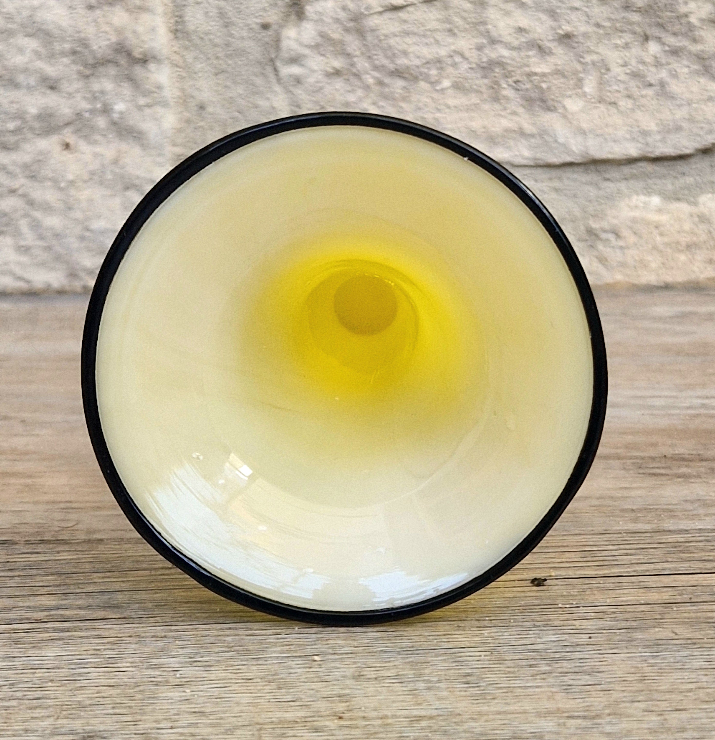 Vintage Bright Yellow Tango Glass Trumpet Vase with Black Rim 16cm
