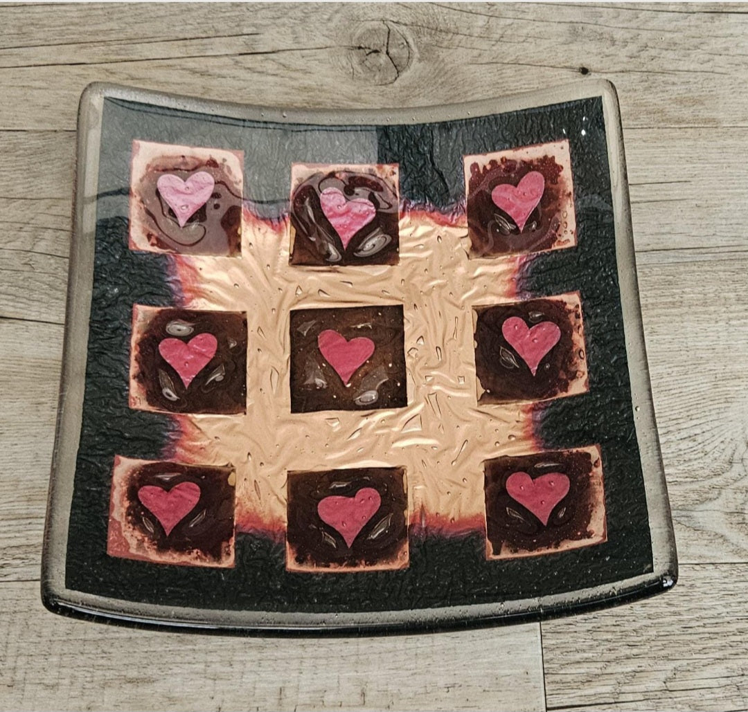 Art Glass Large Love Heart Fused Glass Curved Square Centrepiece 19cm Square
