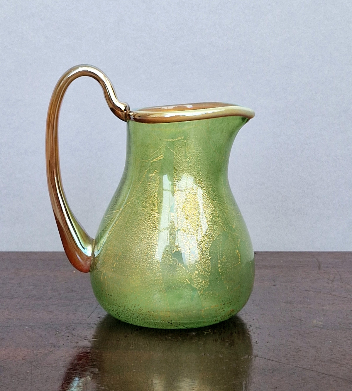 Antique Probable Salviati Dott. Murano Glass Jug, Green Gold Leaf, Venetian c.1875–1890, Handblown 13.5cm Rare