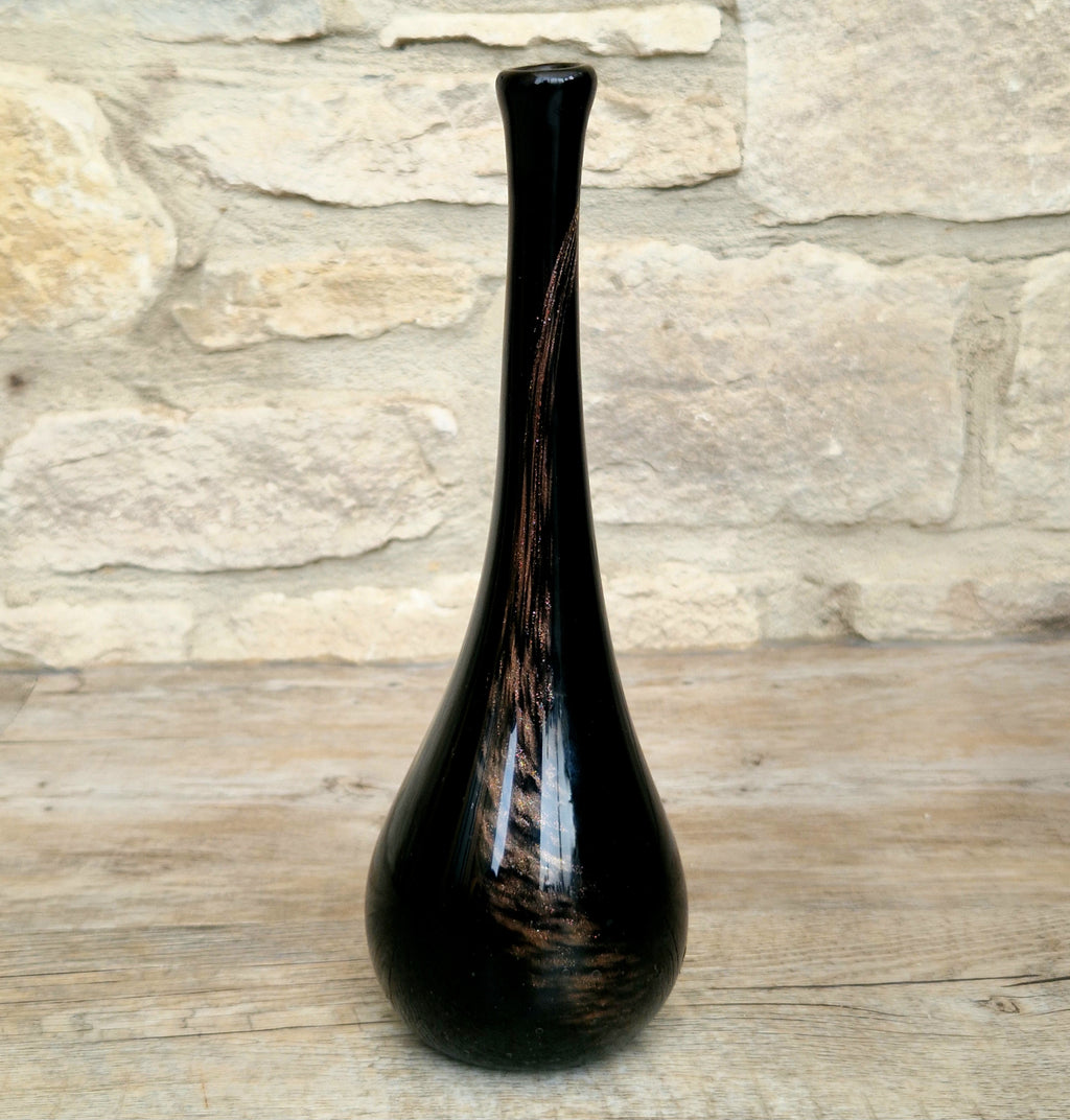 Gérard Torcheux Midcentury Amethyst Black Glass Teardrop Vase French Studio Glass Original Label. 1970s