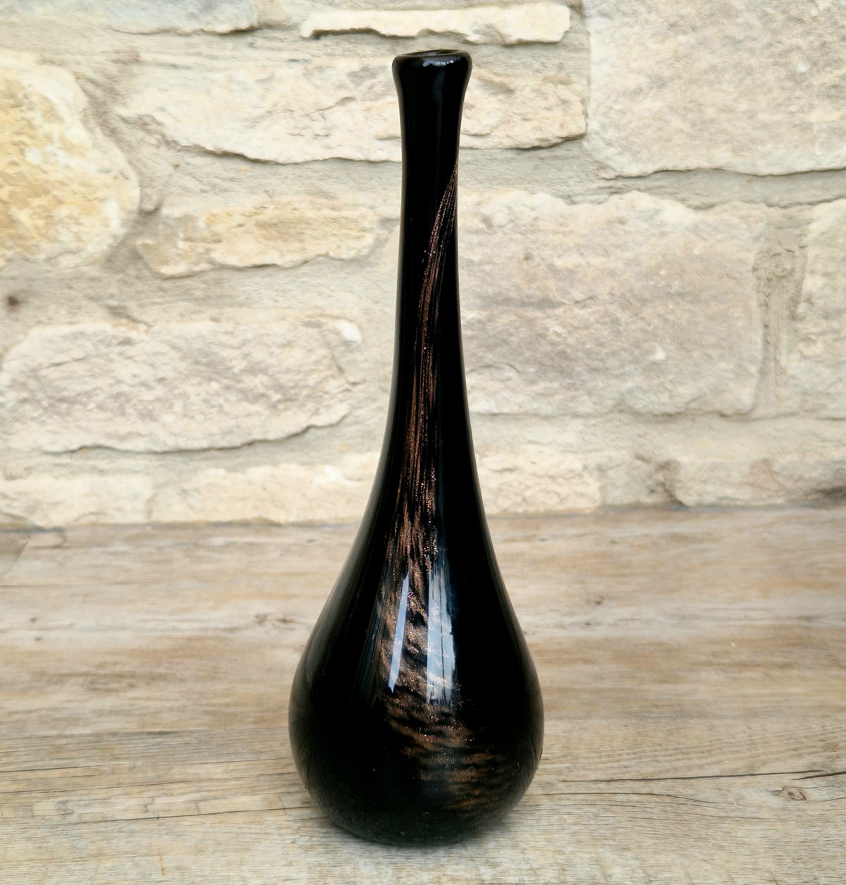Gérard Torcheux Midcentury Amethyst Black Glass Teardrop Vase French Studio Glass Original Label. 1970s