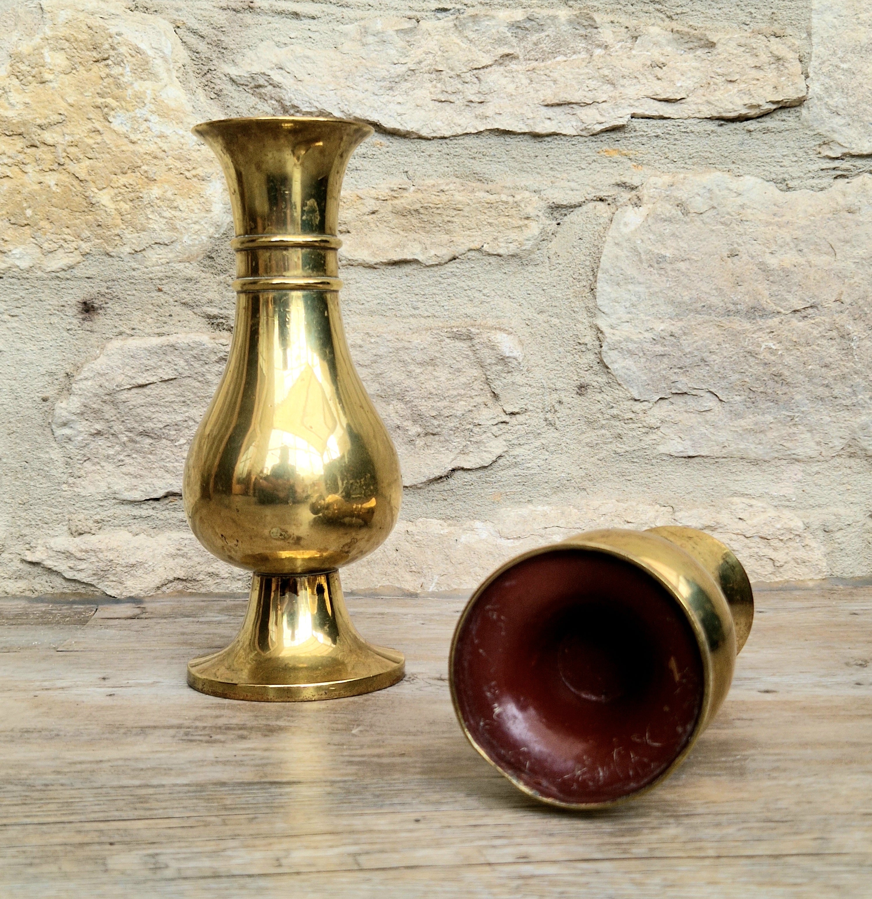 Antique Brass Altar Vases Flared Rim Heavy Pedestal Ecclesiastical Decor Early 20th C.