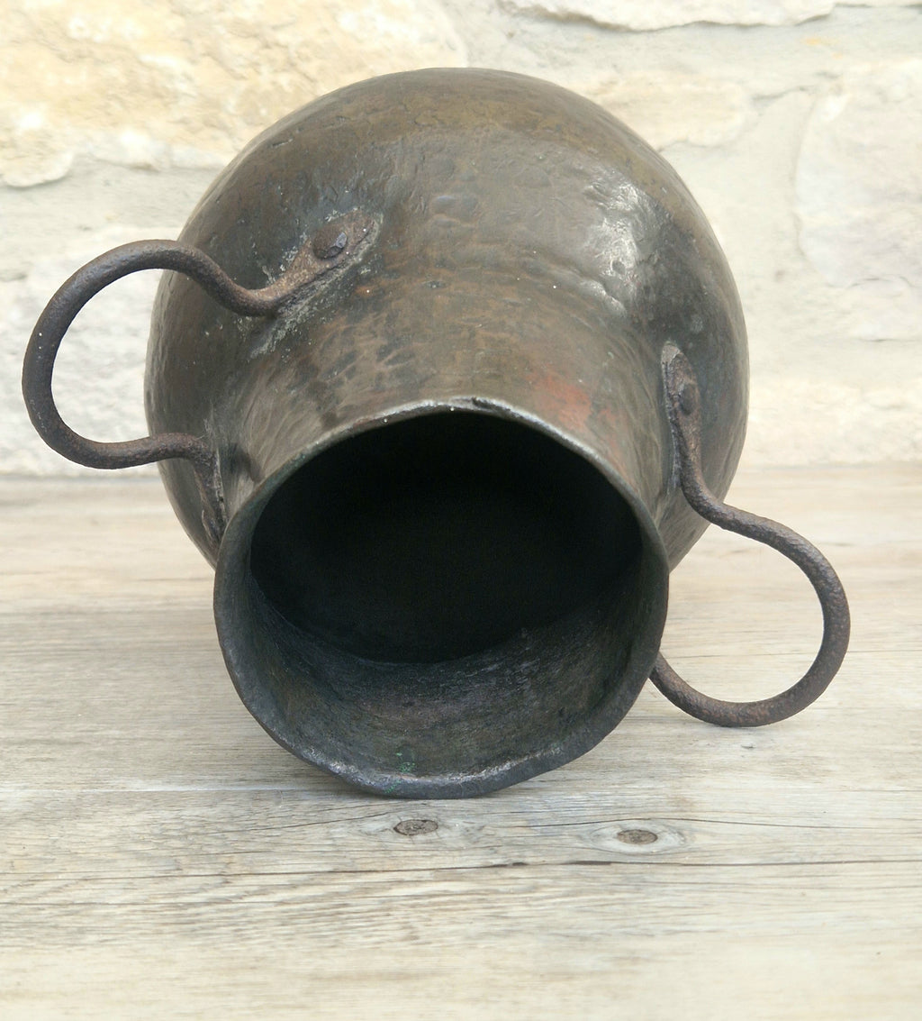 18th Century Hammered Bronze Cauldron Pot Wrought Iron Handles Historic Repair Antique Kitchenalia Vessel