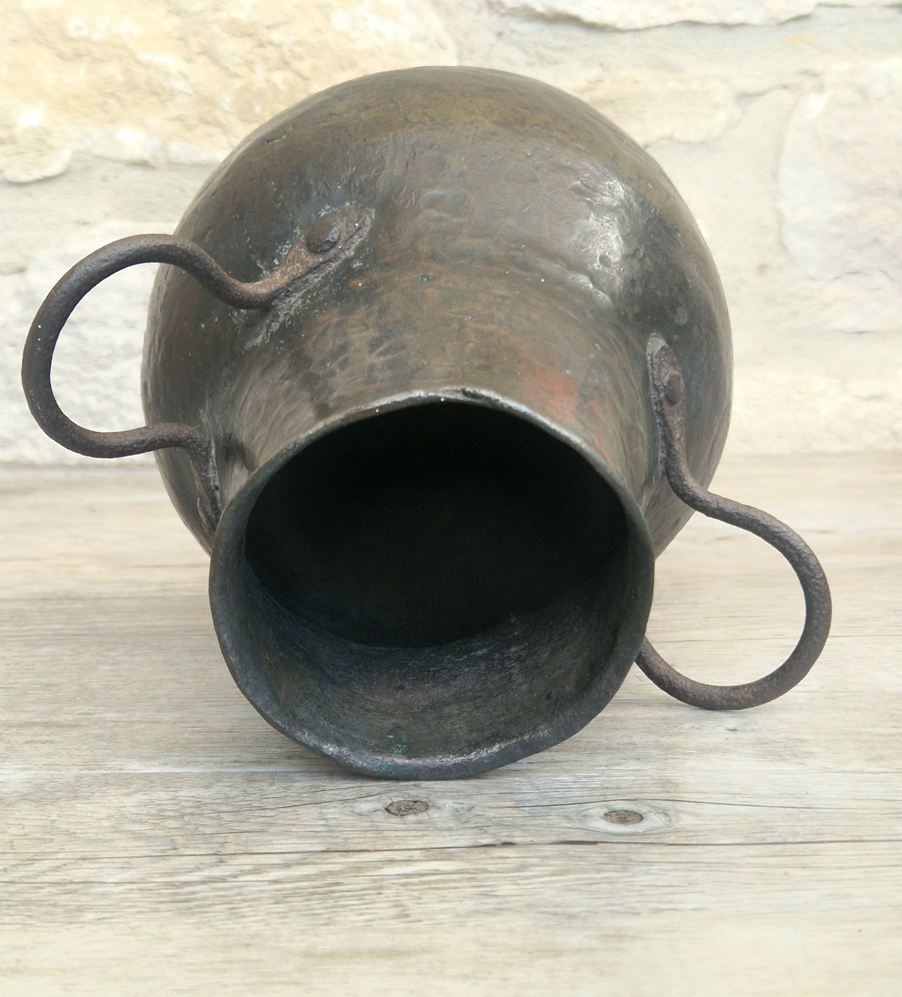 18th Century Hammered Bronze Cauldron Pot Wrought Iron Handles Historic Repair Antique Kitchenalia Vessel
