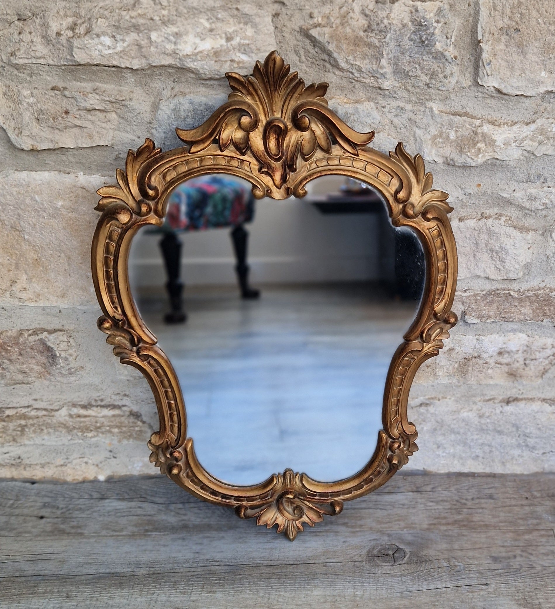 Vintage Italian Ornate Rococo Style Gilded Gold Wall Mirror 51cm x 35cm Stamped Italy