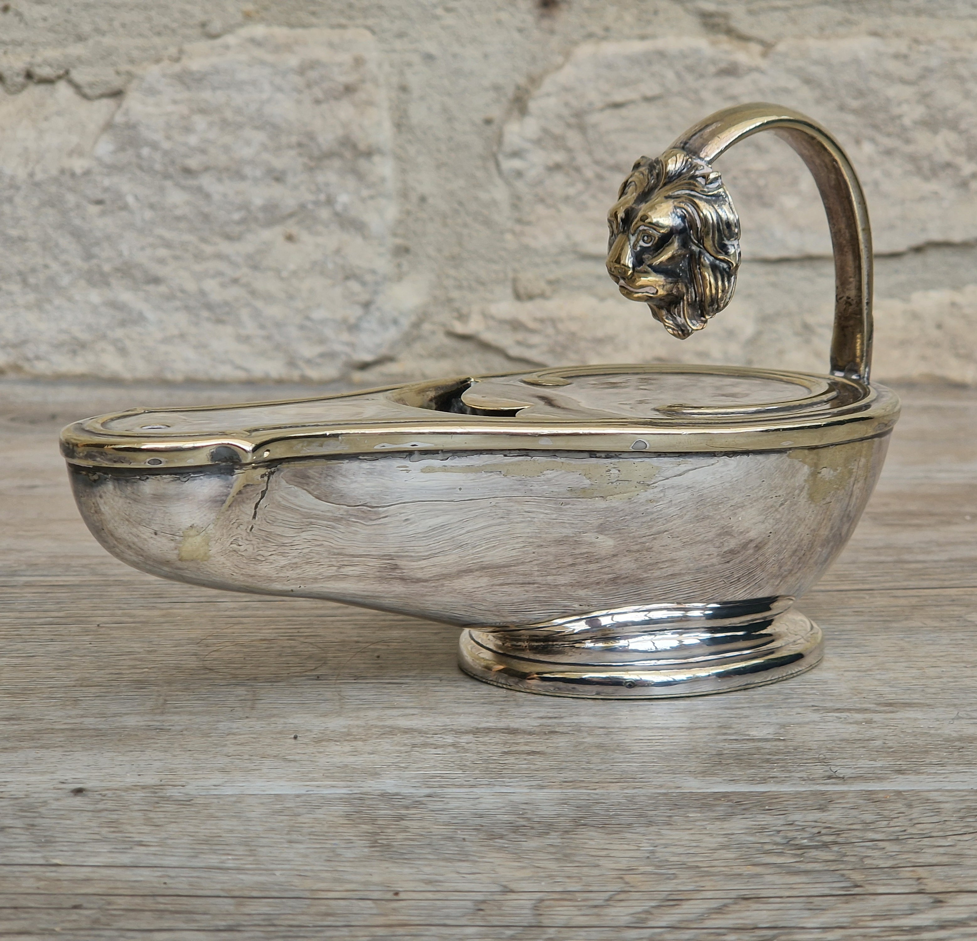 Antique Victorian Silver Plated Spoon Warmer Brass Oil Lamp Style Lion Mask Handle