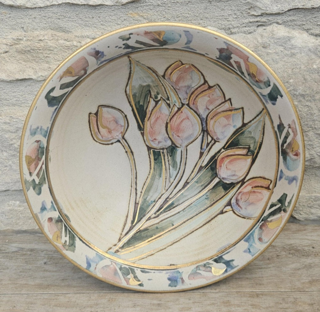 Vintage Tulip Flower Pottery Bowl Decorative Gold Gilt Handmade 21cm Diameter Signed