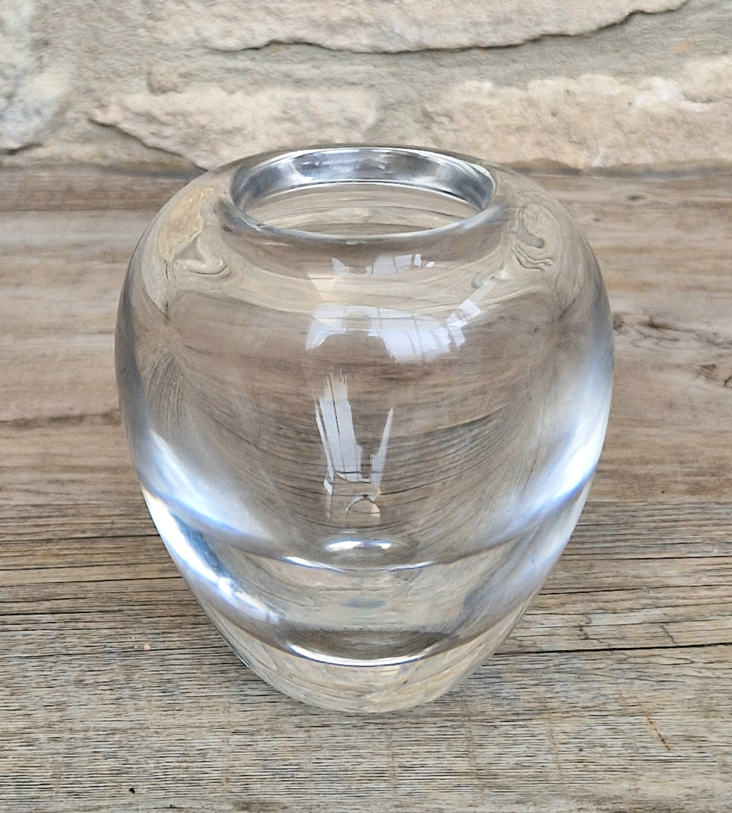 Heavy Mid-Century Clear Hand-Blown Art Glass Ovoid Vase With Polished Frosted Ring Base