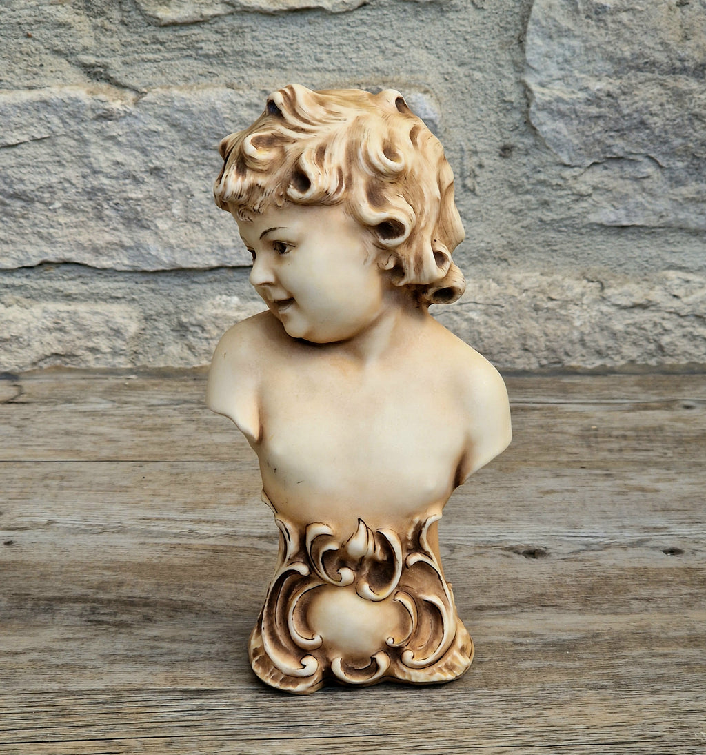 Antique NeoClassical Continental Patinated Bisque Porcelain Putti Child Bust Figure Ornament