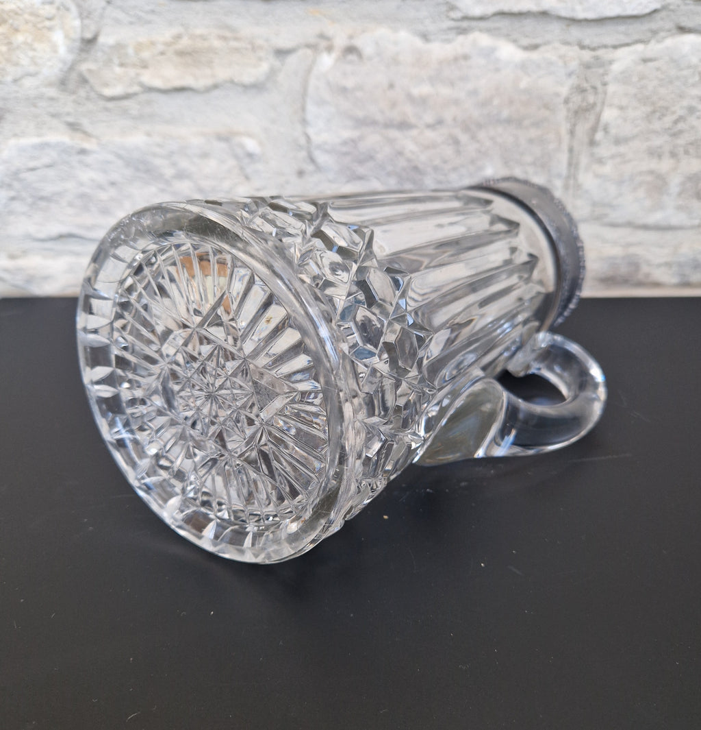 English Heavy Cut Glass & Pewter Water Pitcher Circa 1890 Antique Crystal