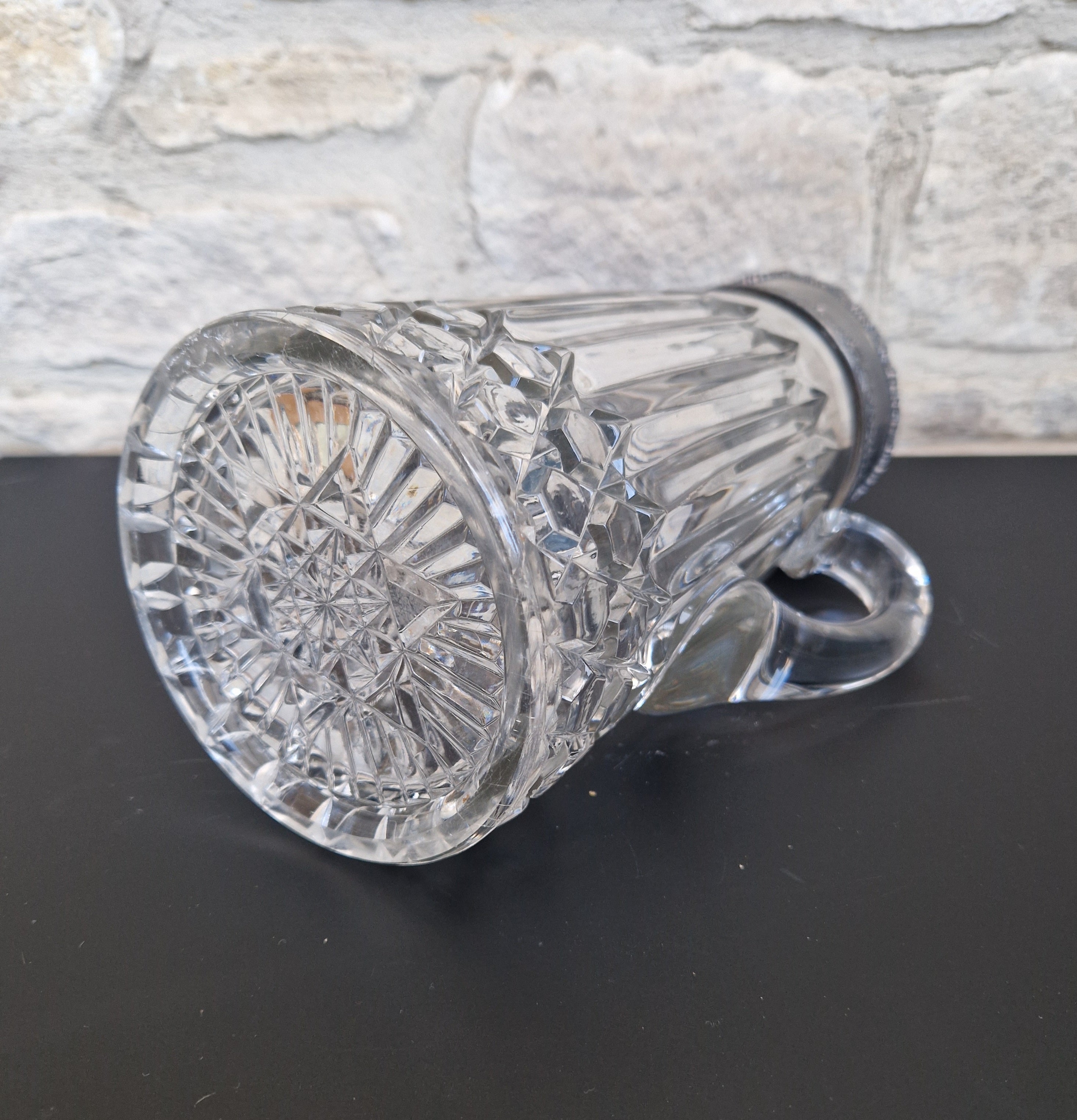 English Heavy Cut Glass & Pewter Water Pitcher Circa 1890 Antique Crystal