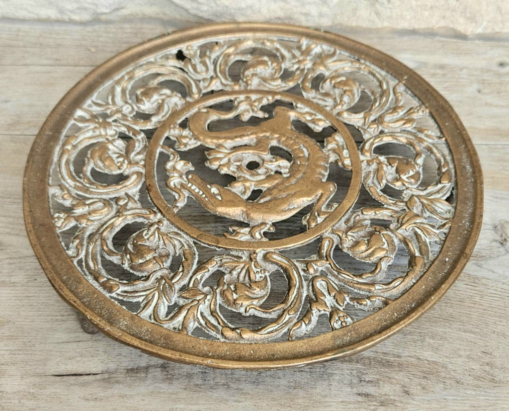 Vintage Filligree Ornate Brass Dragon Round Trivet Stand 20cm Diameter