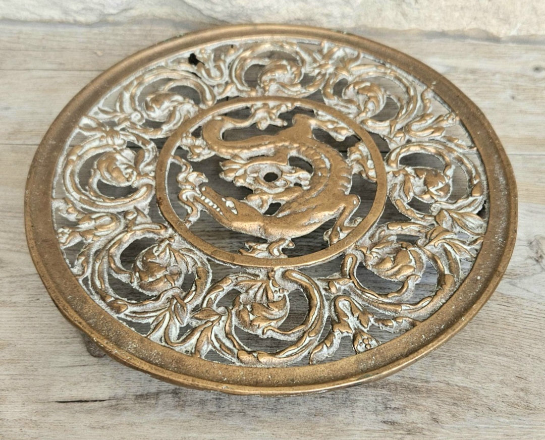 Vintage Filligree Ornate Brass Dragon Round Trivet Stand 20cm Diameter
