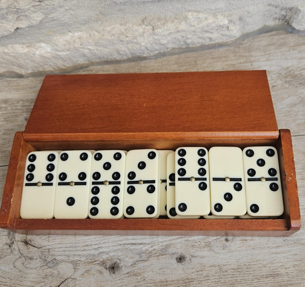 Vintage White Dominoes Set in Wooden Box Rustic Classic Game Gift