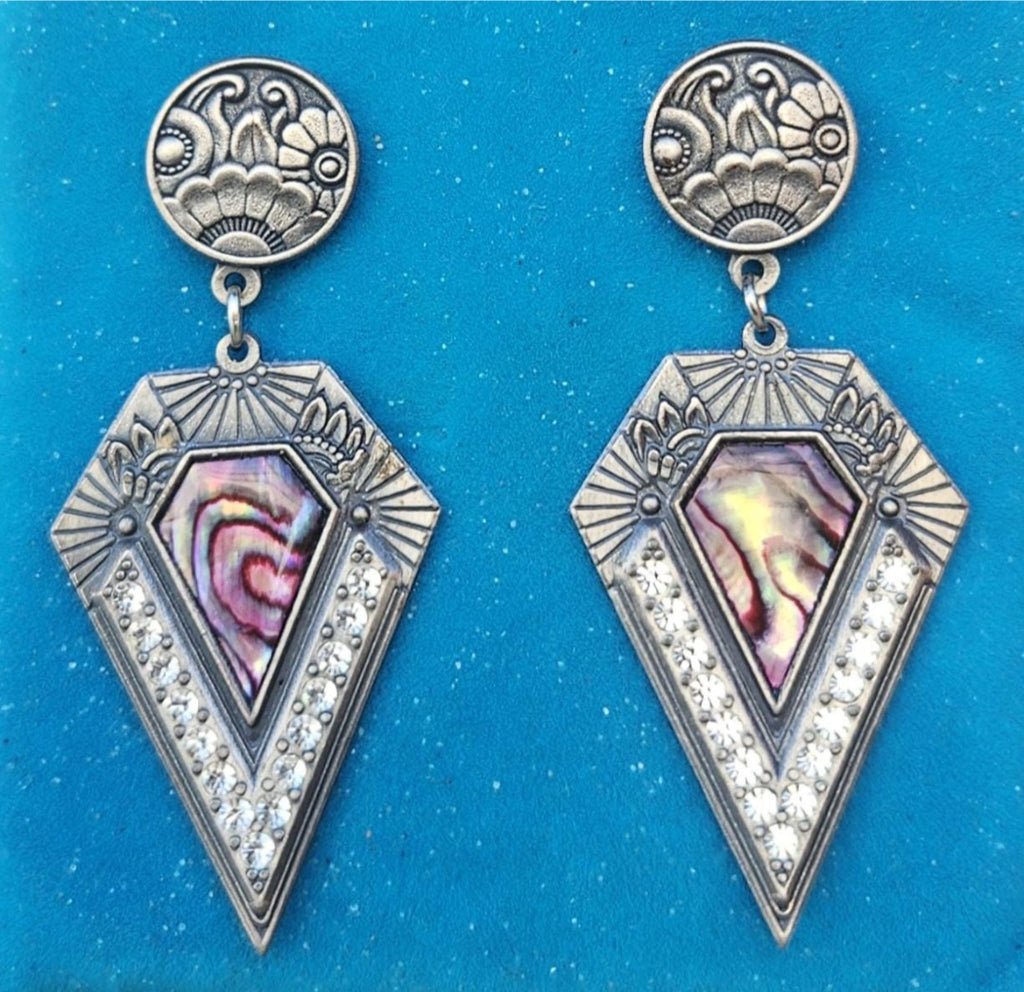 Vintage Art Deco Style Earrings Duri Drop Dangle Stamped 1980s Pewter.