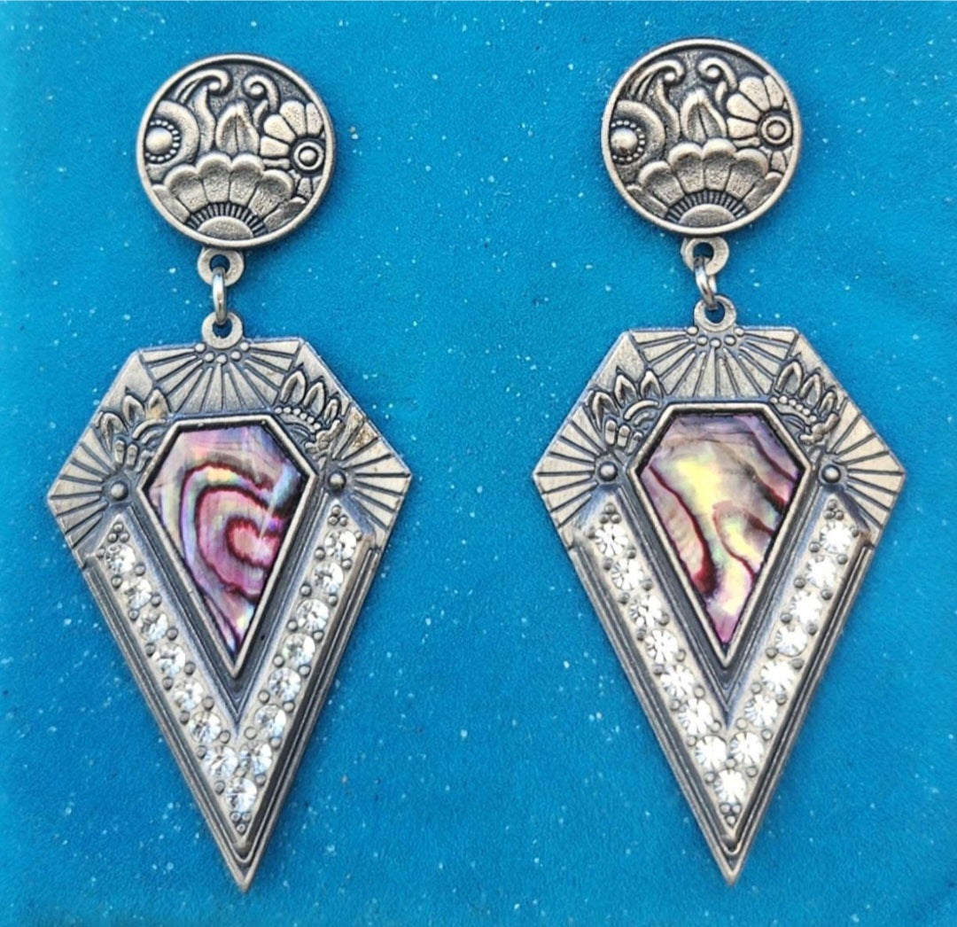 Vintage Art Deco Style Earrings Duri Drop Dangle Stamped 1980s Pewter.