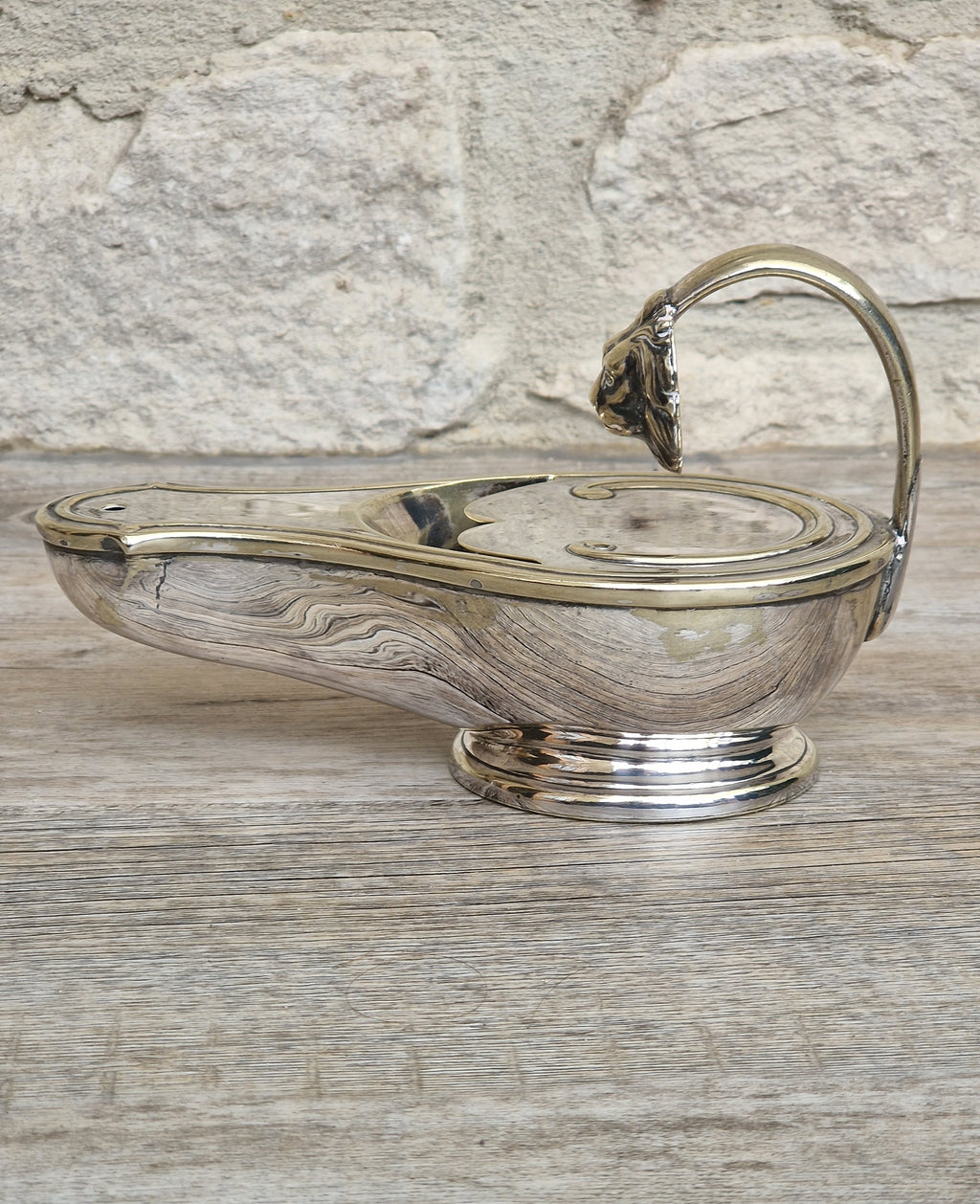 Antique Victorian Silver Plated Spoon Warmer Brass Oil Lamp Style Lion Mask Handle