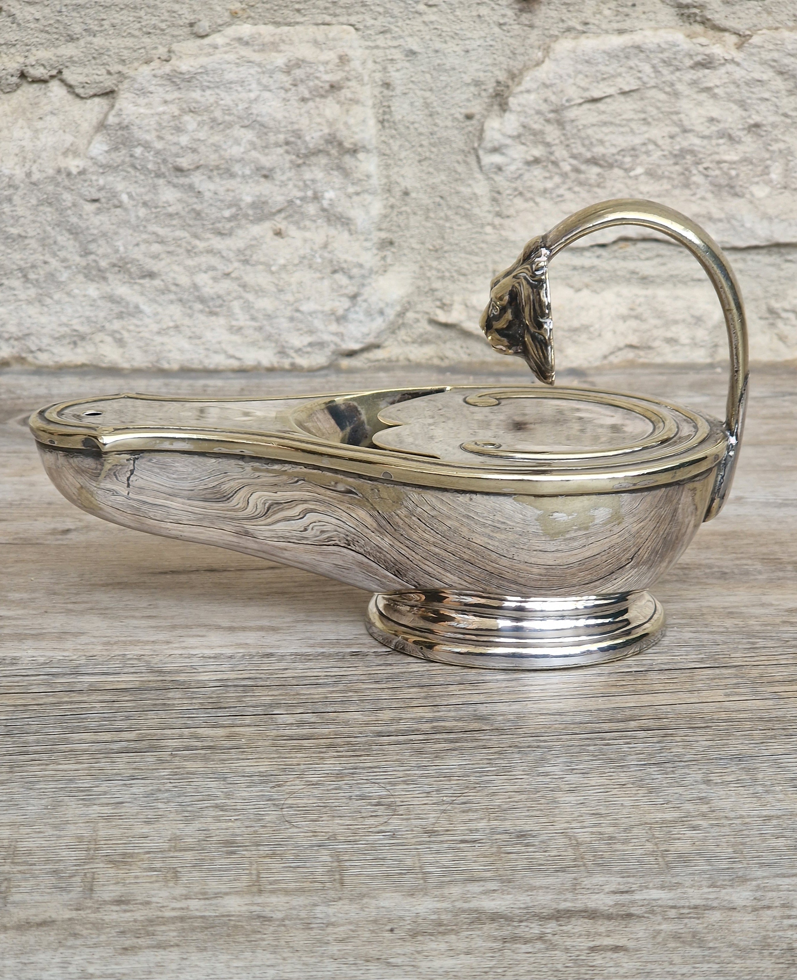 Antique Victorian Silver Plated Spoon Warmer Brass Oil Lamp Style Lion Mask Handle