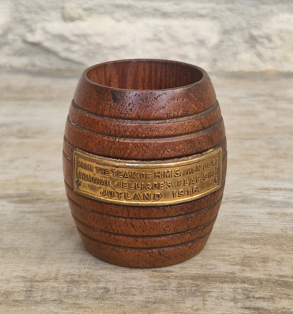HMS Iron Duke Teak Barrel WWI Battle of Jutland Maritime Relic Admiral Jellicoe Flagship Souvenir Treen Match Holder Vesta
