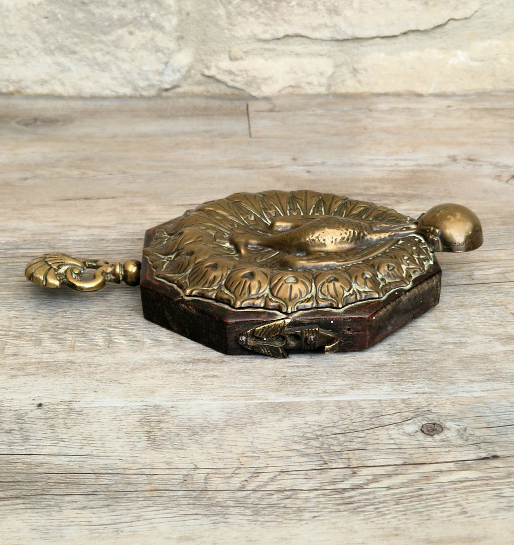 Fine Rare Antique Repousse Brass Peacock Finial English Aesthetic Movement Fumed Oak Decorative Plaque