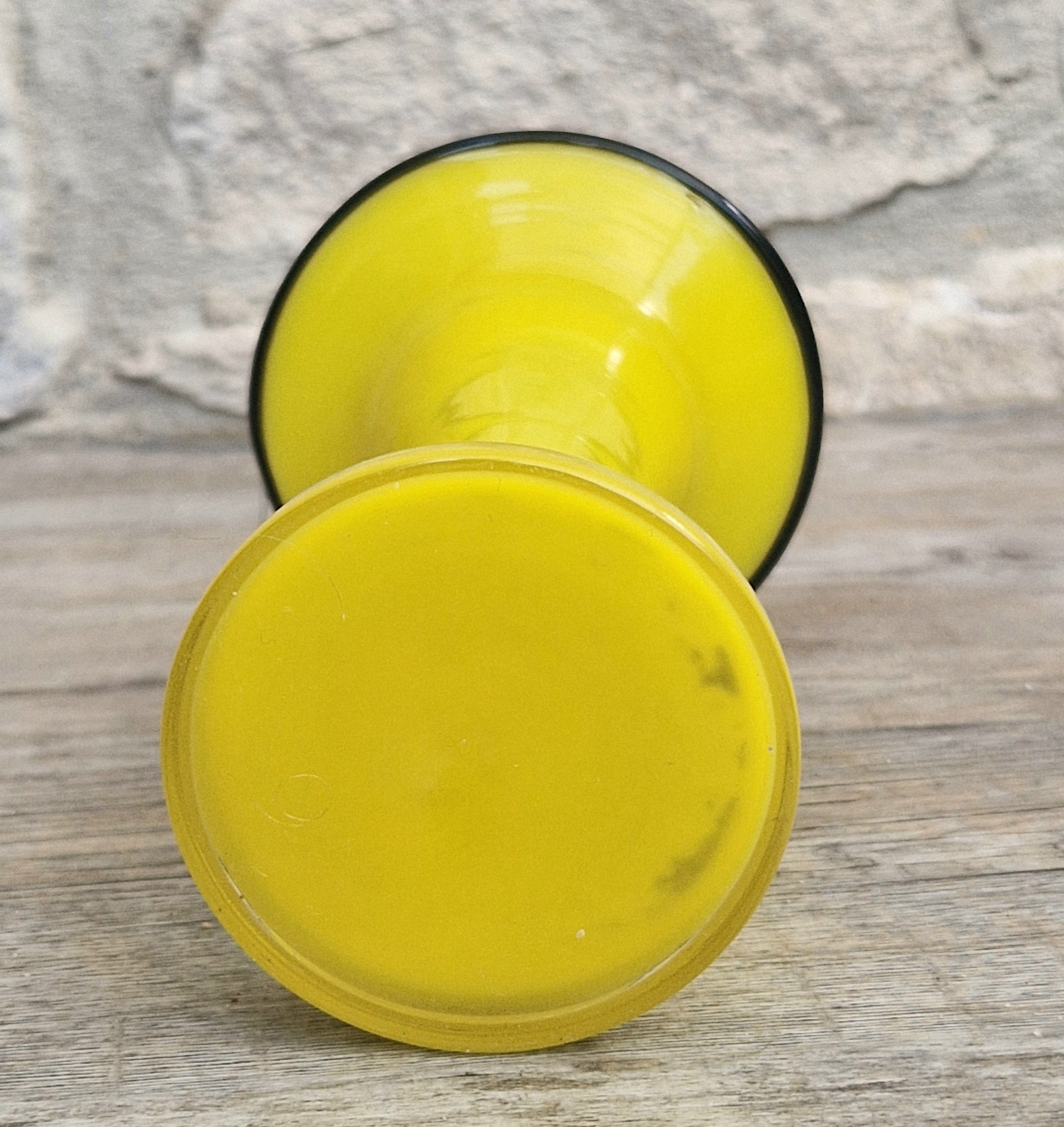Vintage Bright Yellow Tango Glass Trumpet Vase with Black Rim 16cm