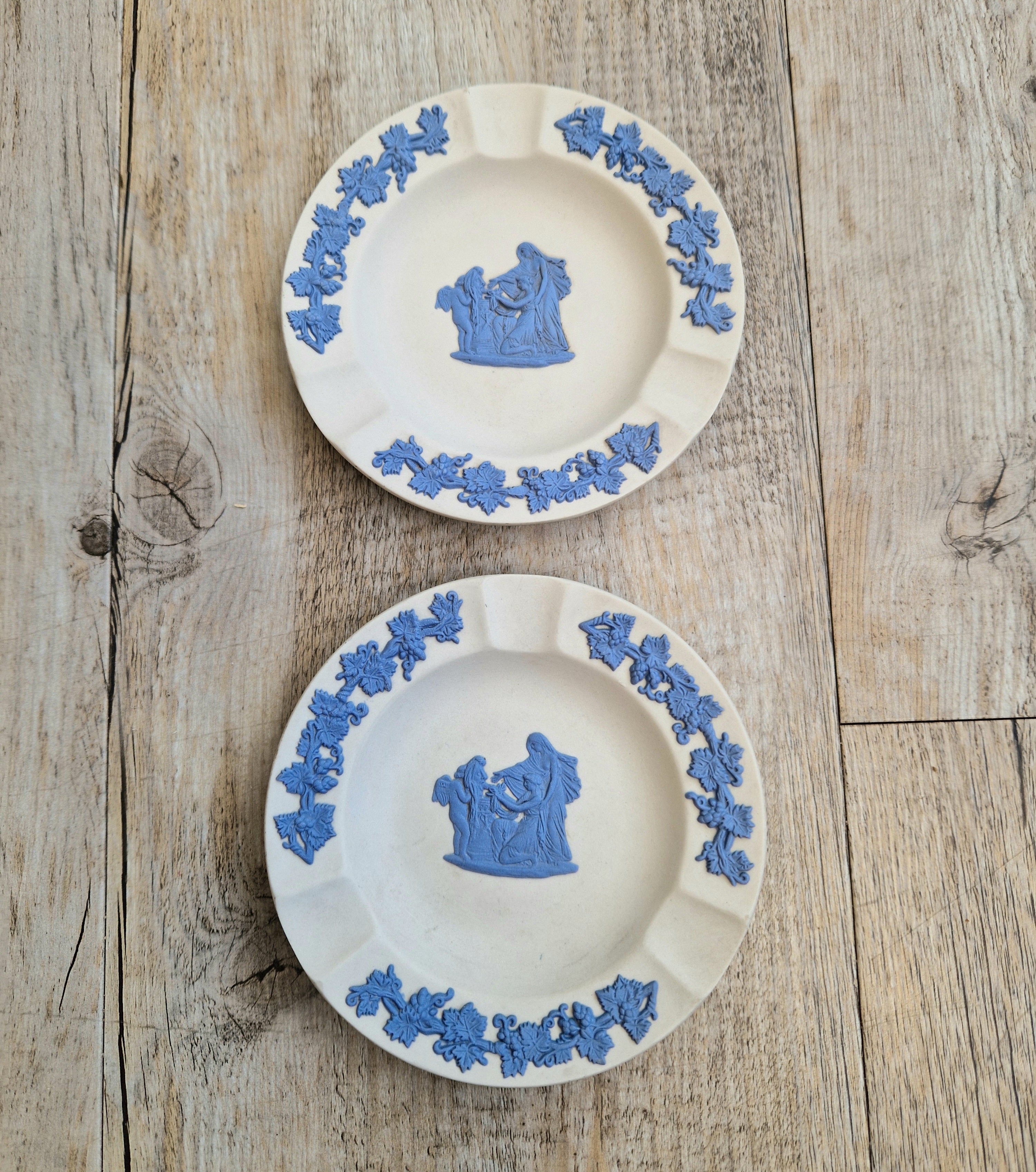 Pair Wedgwood Reverse Blue on White Jasperware Neo-Classical Pin Tray Ashtrays Vintage